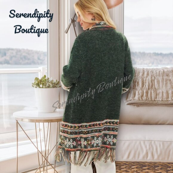 Jade Green Tribal Print Jacquard Knit Fringe Comfy Long Sweater Duster Cardigan - Picture 4 of 9